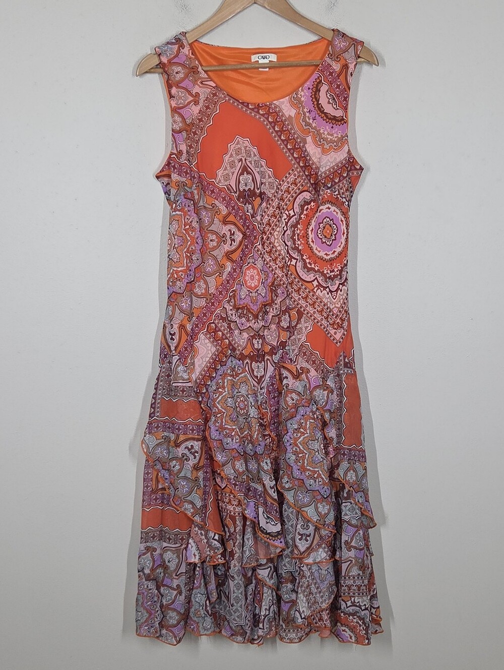 Vtg Y2K Cato Paisley Medallion Orange Pink Midi Dress 16 Fairy Artsy Boho Grunge